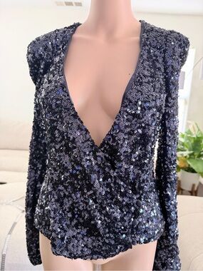 French Connection Black Sequin Wrap Top